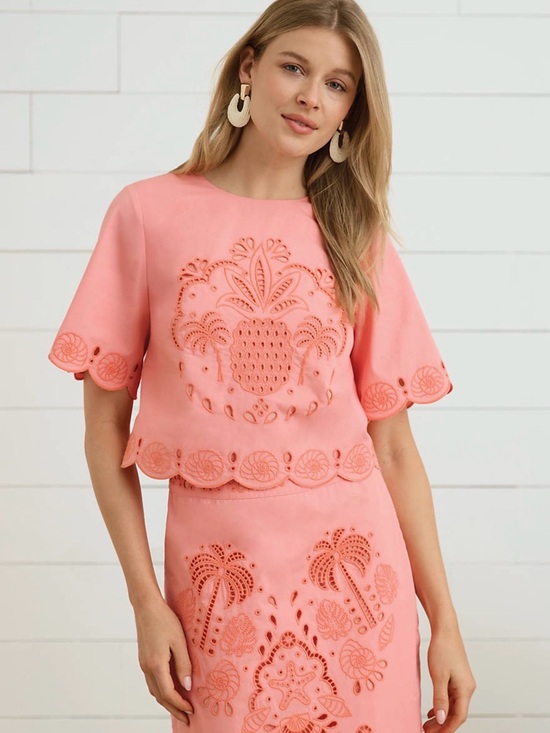 crown & ivy Dresses & Skirts - crown & ivy Sewing Down South Coral Blast Embroidered Top and Skirt Set